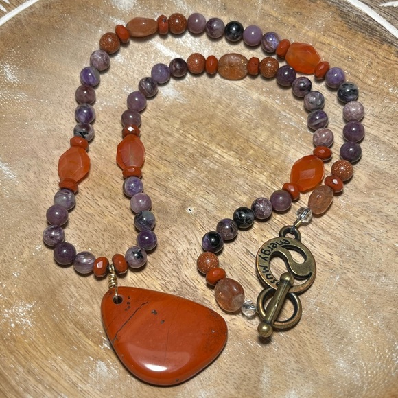 Energy Muse Strength Red Jasper, Carnelian, Sunstone & Charoite Beaded Necklace - Picture 2 of 13